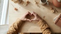 Hands forming a heart shape on a wooden table surrounded by dried flowers and a warm cup, top view, cozy lifestyle concept.