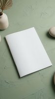 Blank white notebook on sage green textured surface with ceramic vase and dried palm leaf for branding mockup and stationery design projects.