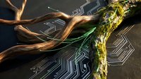 Organic tree branch with moss growing over electronic circuit board representing fusion of nature and technology in digital transformation concept.