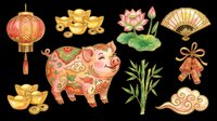 Festive pig with gold ingots, lantern, lotus flower, fan, bamboo, and cloud elements isolated on transparent background. Ready for t-shirt design, clipart, stickers, print-on-demand, and sublimation projects.