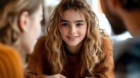Young Caucasian woman with wavy blonde hair and bright smile wearing orange knit sweater during casual conversation with friends in cafe setting.