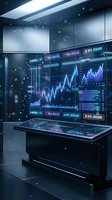 Futuristic trading room with holographic cryptocurrency charts and financial data displays in modern office environment for investment analysis.