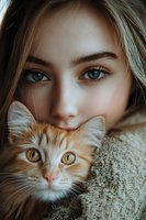 Close-up portrait of young woman with blue eyes holding ginger cat with amber eyes, wearing cozy knit sweater. Atmospheric moody lighting creates intimate connection.