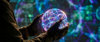 Young adult male with medium skin tone wearing dark gloves holding glowing neon sphere with digital network lines, representing technology, innovation, and data connectivity concepts.