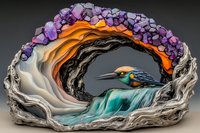 Vibrant kingfisher perched on flowing waterfall inside crystal geode cave formation with orange and purple mineral details against dark background.