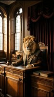 Majestic lion in business suit sitting at ornate wooden desk in gothic library office with gavel, representing authority, leadership and legal power.