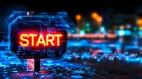 Glowing neon start sign on futuristic digital circuit background with blue technology pattern and bokeh lights creating modern cyberpunk atmosphere.
