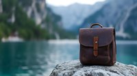 Brown leather backpack on rocky shore of alpine lake with turquoise water and mountain peaks in background. Outdoor adventure and travel concept.