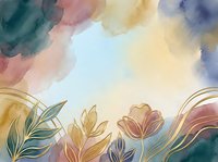 Soft watercolor background with golden line art flowers and leaves in muted tones of teal, blush, and ochre, perfect for elegant cards.