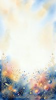 Festive fireworks display with golden ornamental swirls and sparkling particles on watercolor background, suitable for celebration invitations and holiday greeting cards.