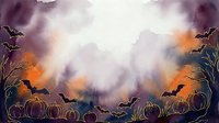 Watercolor Halloween scene with flying bats over pumpkin patch in purple and orange autumn colors for seasonal decorations and spooky holiday designs.