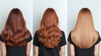 Long wavy and straight hair in different shades of copper, auburn and blonde shown from behind on women wearing black tops, beauty and hairstyle comparison.