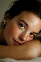 Young woman with natural makeup resting peacefully on soft pillow in warm golden light. Serene facial expression perfect for wellness and beauty content.