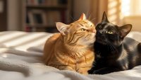 Orange tabby and black cats cuddling together on cozy bed in warm sunlit bedroom interior showcasing feline friendship and domestic pet companionship.