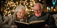 Elderly couple reading book together by Christmas tree lights, creating warm holiday atmosphere for seasonal greeting cards.