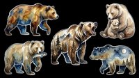 Watercolor brown bear sticker set isolated on transparent background, featuring wildlife scenes, mother and cub, roaring grizzly, ready for t-shirt design, clipart, and print on demand.