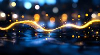 Abstract glowing golden wave with sparkling light particles floating over dark reflective surface against blurred bokeh background, suitable for festive designs.