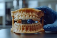 Dental professional holding anatomical teeth model showing upper and lower jaw structure with detailed tooth positioning for educational training and orthodontic treatment planning.