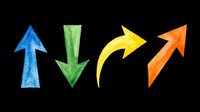Four colorful watercolor arrows in blue, green, yellow, and orange, isolated on transparent background. Ready for stickers, t-shirt design, clipart, and print on demand.