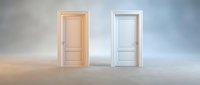 Two closed doors in minimalist interior with warm and cool lighting effects creating contrast for decision-making and choice concepts.
