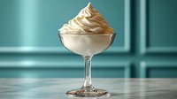 Creamy soft serve ice cream swirl in elegant glass coupe on marble surface against turquoise background for dessert menu and food photography.
