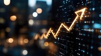 Glowing upward arrow chart on digital display with bokeh background shows financial market growth and success in business analytics and trading.