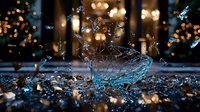 Dynamic water splash frozen in motion with golden bokeh lights creating magical atmosphere, blue liquid droplets dancing against dark background.