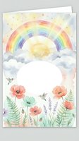 Watercolor rainbow with clouds, flowers and hummingbirds on white background. Pastel greeting card design with poppies, lavender and ferns for invitations.