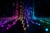 Glowing neon lines flow upward creating futuristic circuit paths with vibrant pink, gold and blue light trails against dark background, digital network concept.