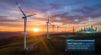 Smart wind farm with connected renewable energy generation system at sunset showcasing sustainable technology and green power infrastructure for future cities.