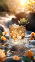 Glass of golden cocktail with ice cubes and succulent garnish surrounded by orange flowers on wet rocks, illuminated by warm sunset light, creating magical ambiance.