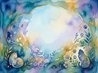 Watercolor floral frame with colorful gradient background and botanical elements for wedding invitations, greeting cards and decorative designs.