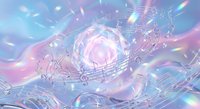 Holographic musical notes and staff lines floating in iridescent pastel colors with rainbow light effects and dreamy atmosphere for creative projects.