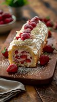 Fresh raspberry and cream swiss roll cake garnished with powdered sugar and berries on wooden board, close up view of homemade dessert with whipped topping.