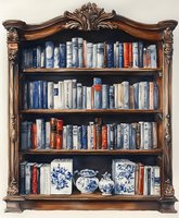 Vintage wooden bookshelf with ornate carving displays collection of blue and white books, complemented by decorative porcelain vases in classic Delft blue style.