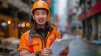 Asian construction worker in bright orange safety jacket and hard hat reviewing blueprints on urban construction site with blurred city background and bokeh lights.