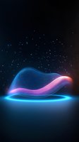 Glowing wave lines in blue and pink neon colors float above reflective surface against dark starry background, creating futuristic abstract light effect.