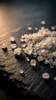 Raw uncut diamonds scattered on dark wooden surface with warm lighting creating luxury jewelry and gemstone mining concept for premium designs.