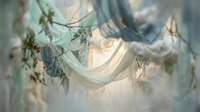 Dreamy ethereal fabric with eucalyptus branches creating soft romantic atmosphere with warm golden light filtering through delicate textures for wedding decor.