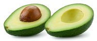 Halved avocado with pit and without pit displayed side by side on white background, showing fresh green flesh for culinary and food styling use.