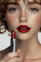 Close up portrait of young woman with freckles and red curly hair wearing bright red lipstick, holding matching lipstick. Natural beauty and cosmetics concept.