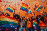 Diverse group celebrating at pride festival with rainbow flags and falling confetti against orange background, perfect for LGBTQ+ events, equality campaigns and social media content.
