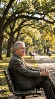 Senior Caucasian businessman in suit relaxing on park bench under autumn trees, enjoying peaceful moment outdoors during golden hour sunlight.