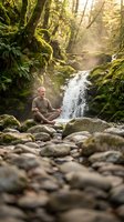 Middle-aged Caucasian man meditating in lotus position by forest waterfall with moss-covered rocks and golden sunlight filtering through trees.