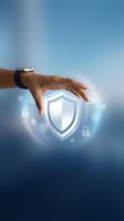 Hand with smartwatch protecting digital security shield icons against blue sky background for cybersecurity and data protection concepts.
