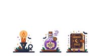 Witch hat with cauldron, potion bottle with witch's brew, and grimoire spellbook isolated on white background for Halloween designs and seasonal graphics.