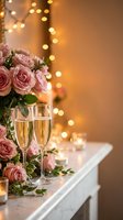 Romantic celebration setup with pink roses, champagne glasses and warm fairy lights creating elegant atmosphere for wedding, anniversary or Valentine's Day.