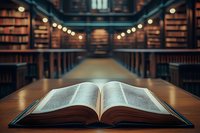 Open book with pages spread on wooden table in vintage library interior with glowing lights and bookshelves creating atmospheric study environment.
