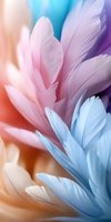 Soft pastel feathers in pink, blue, and peach tones creating a dreamy, ethereal composition for wellness, spirituality, and gentle design backgrounds.