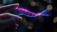 Magical glowing particles flow between fingers creating luminous wave of purple and blue light against dark background with bokeh effect.